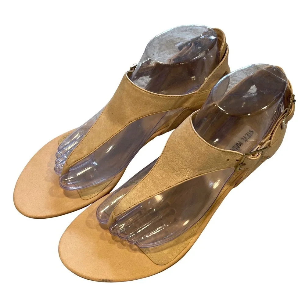 Steve Madden Slyce Wedge Sandals Womens 9M Tan Leather T-Strap Boho Minimalist
